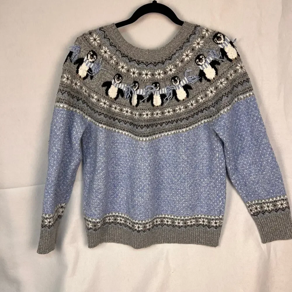 Holiday Time Penguin Fair Isle Sweater XL 16-18 Blue Gray Metallic Winter EUC